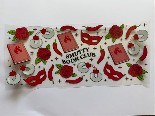 Sticker sheet with 'Smutty Book Club' design featuring books, roses, and masks on a white background.