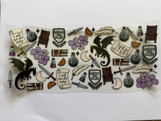 Collection of themed stickers with dragons, books, and other elements on a white background