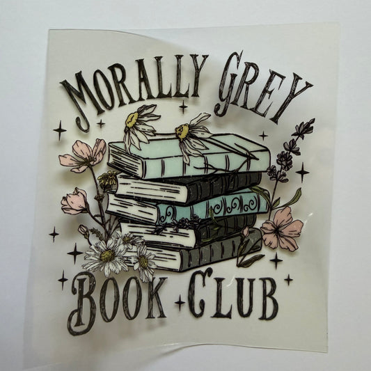 Sticker with 'Morally Grey Book Club' text and book illustrations on a white background