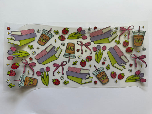 Decorative sticker sheet with books, coffee cups, and flowers on a white background