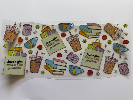 Set of colorful stickers with coffee cups, bags, and text on a white background
