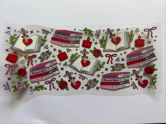 Decorative sticker sheet with books, hearts, and flowers on a white background