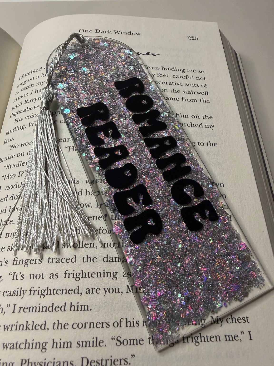Romance Reader Silver Glitter Resin Bookmark