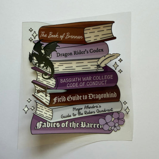 Decorative book-themed cutout with various titles on a white background
