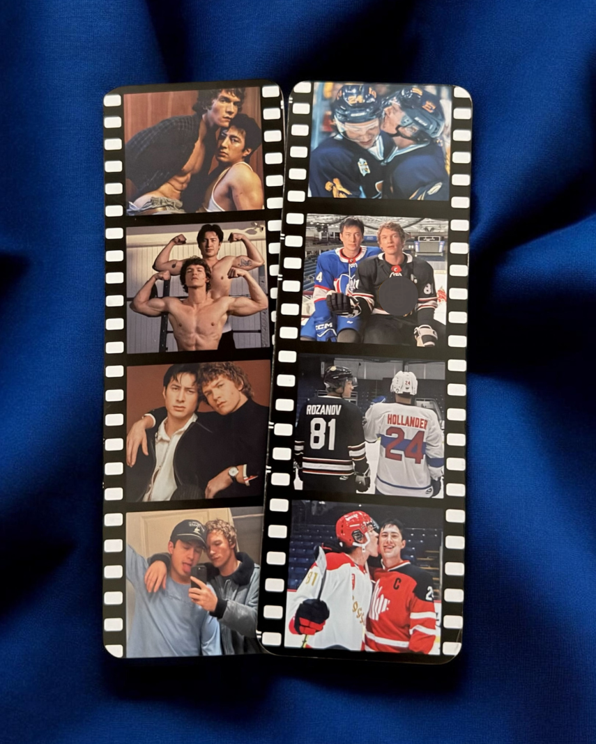 Collage of people on a film strip with a blue fabric background